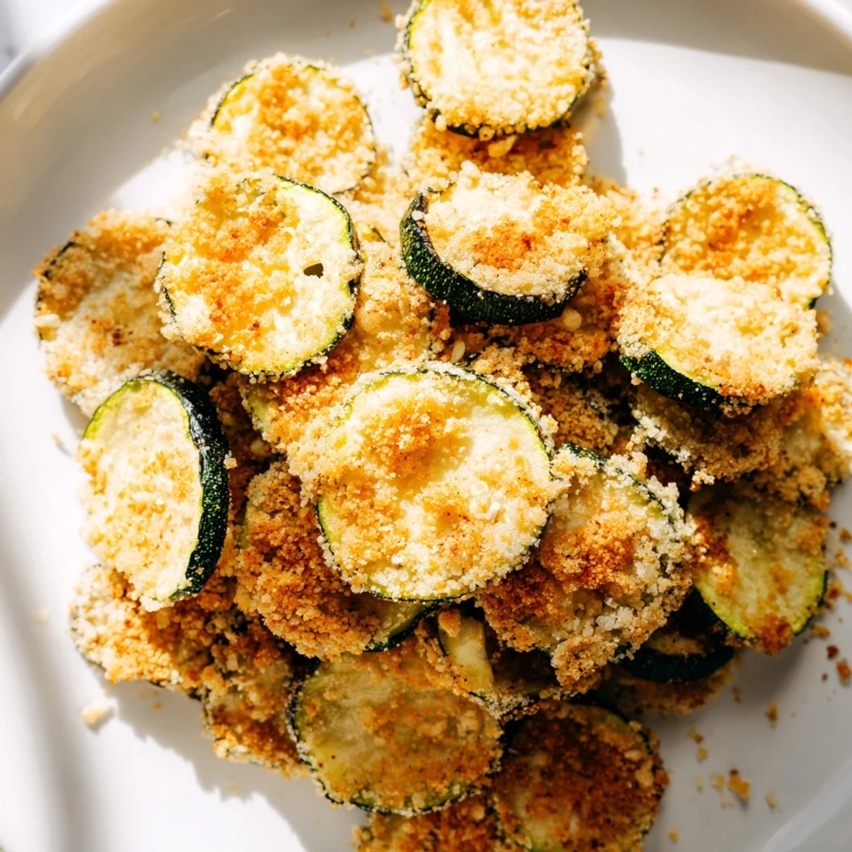 Close-up of baked zucchini chips, offering a light, flavorful, and healthier snack food option.