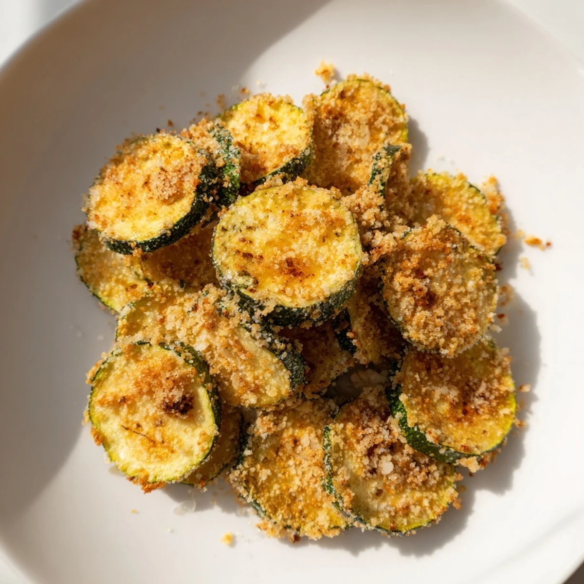Tempting view of perfectly air-fried zucchini chips, ready to dip and savor every bite.