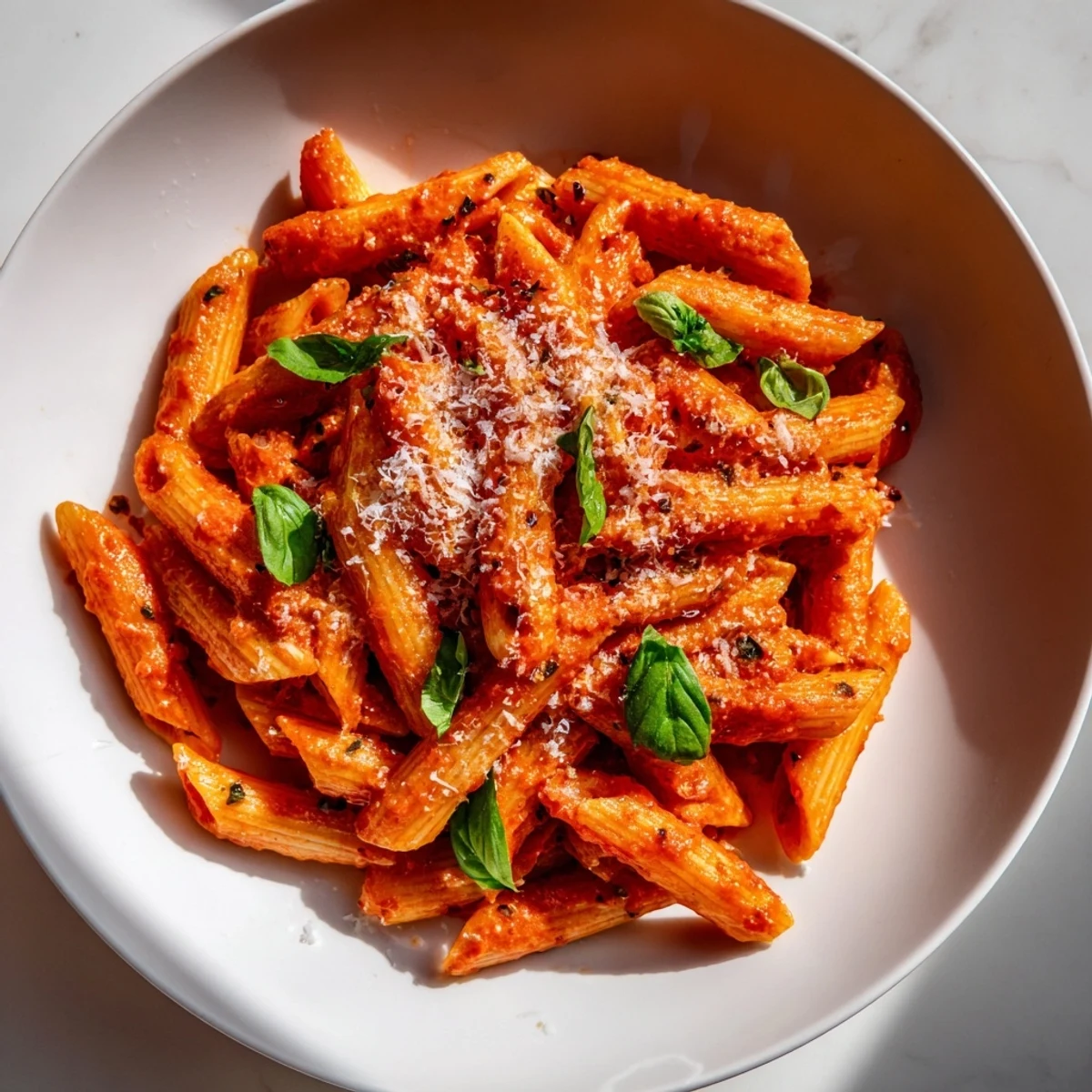 A close-up of cheesy Microwave Bowl Pasta, a satisfying quick meal, garnished with fresh basil.