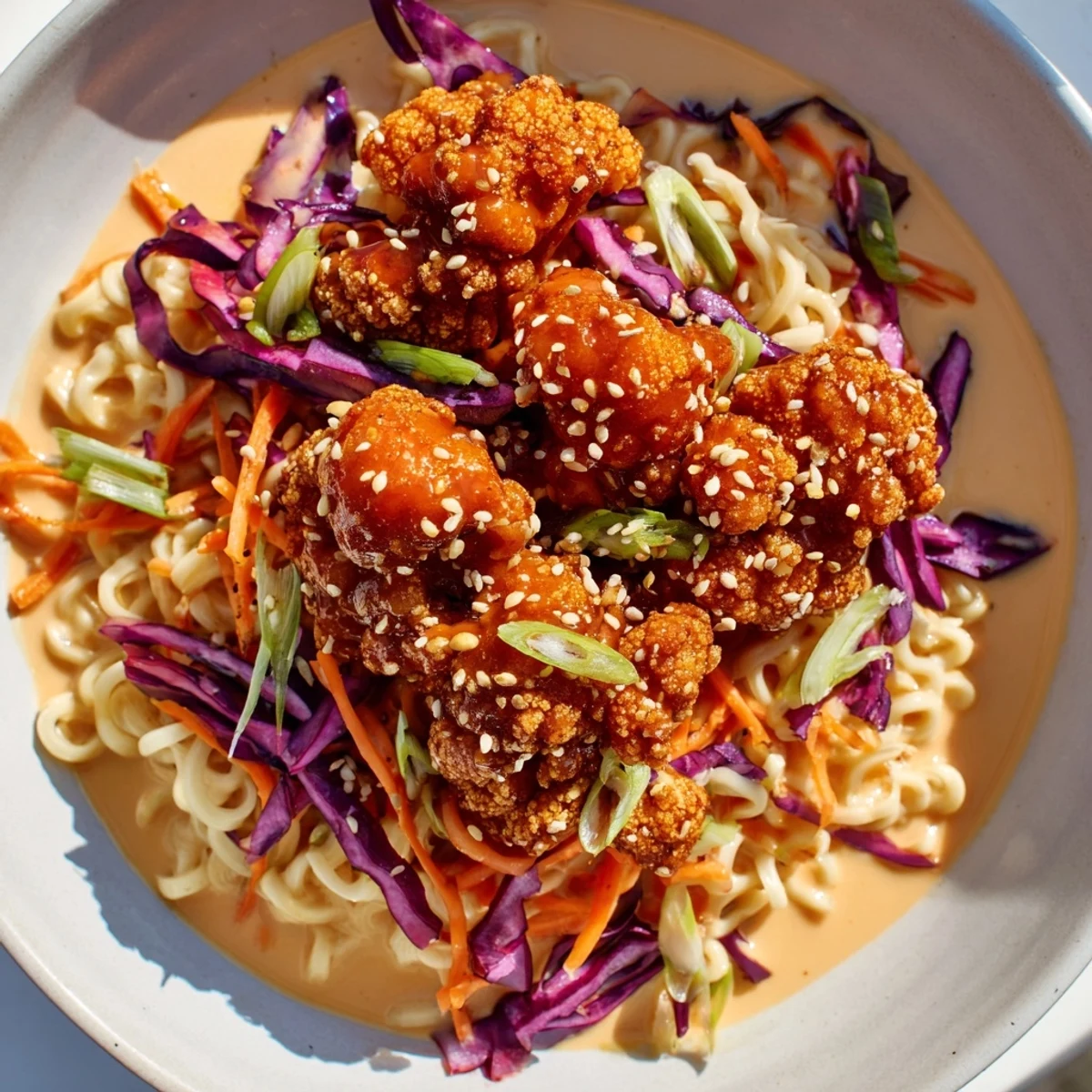 Close-up of Chaos Cooking Buffalo Cauliflower Ramen, topped with colorful fresh garnishes and sesame seeds.