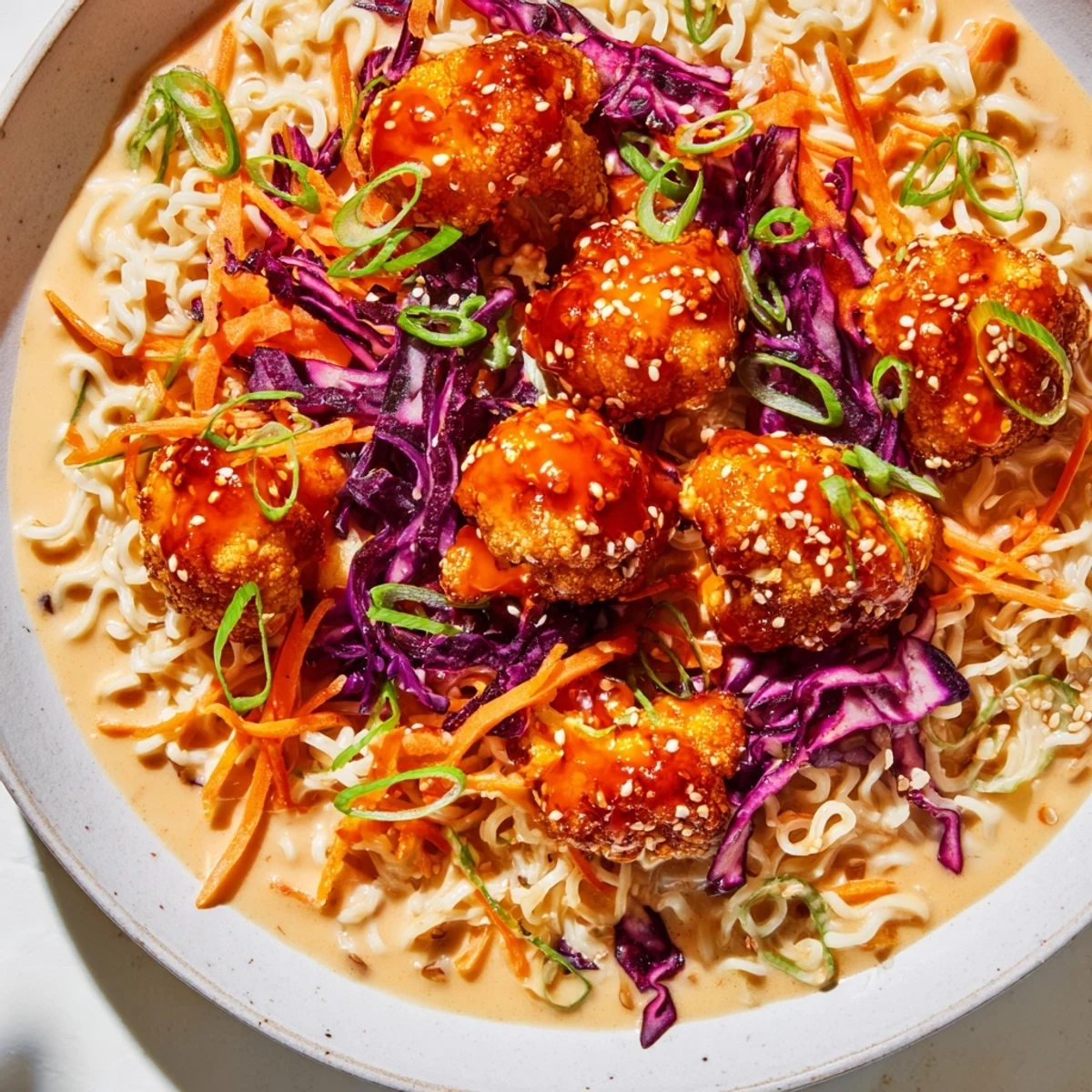 Textured image—spicy Chaos Cooking Buffalo Cauliflower Ramen in a bowl ready to enjoy as a meal.