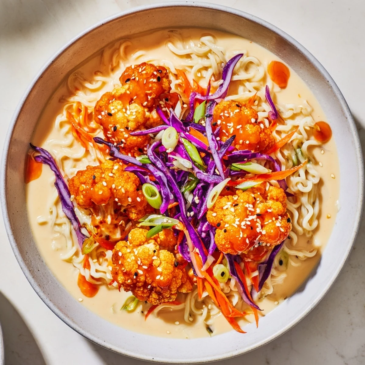 A flavorful bowl of Chaos Cooking Buffalo Cauliflower Ramen with crispy cauliflower and a creamy broth.