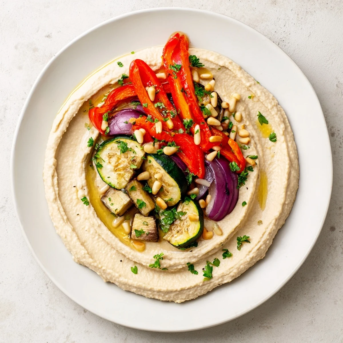 Hummus Roasted Veggies: vibrant, colorful medley of charred vegetables atop creamy hummus, ready to serve.