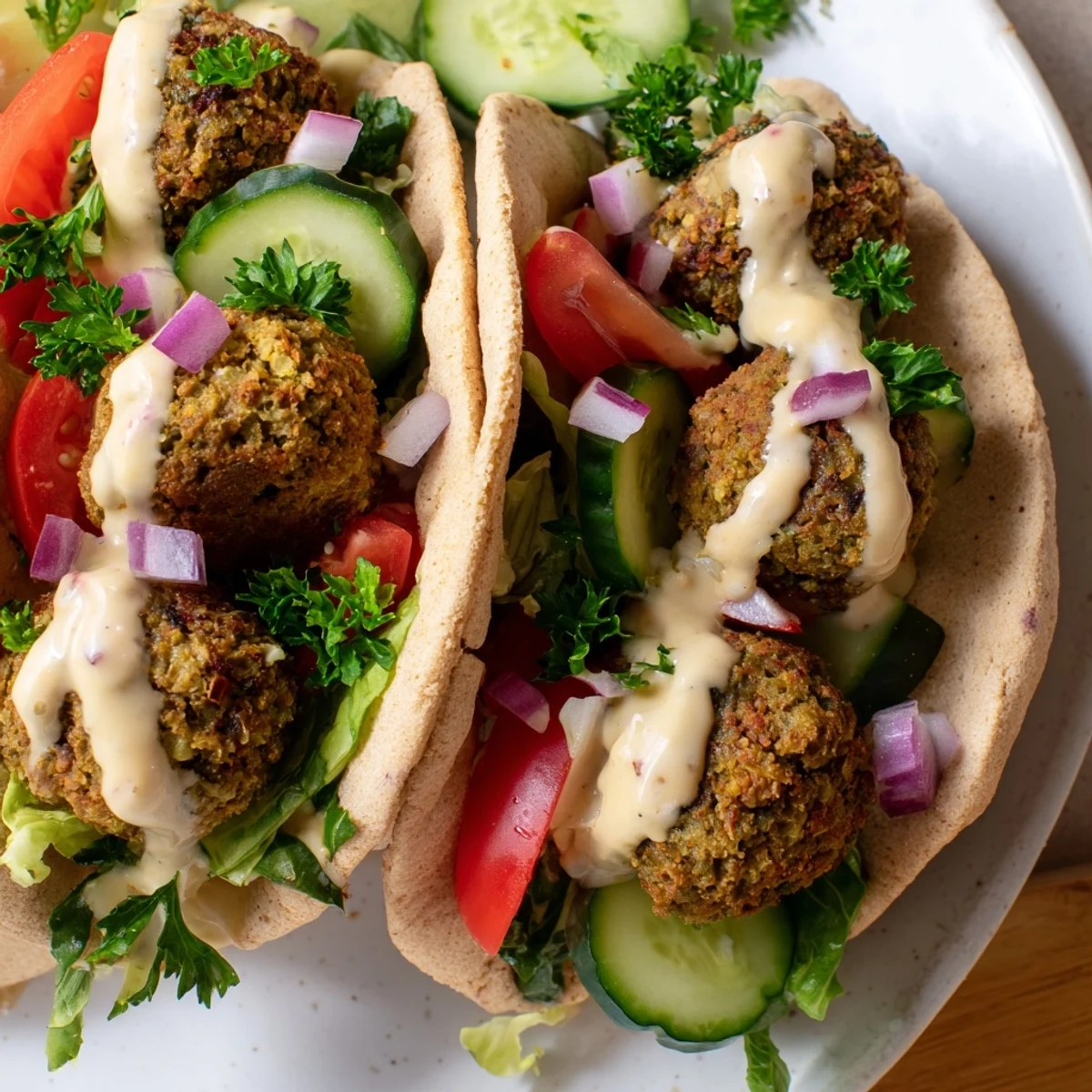 Golden-brown falafel pita pockets filled with fresh, vibrant vegetables and creamy tahini, a delicious vegetarian meal.