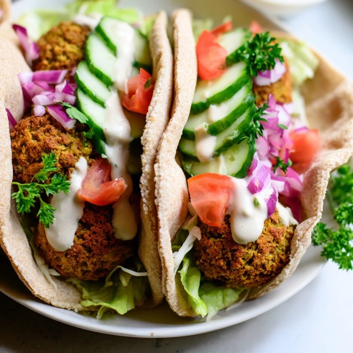 A close-up of a fully-loaded falafel pita pocket, ready to eat, with crispy falafel and colorful toppings.