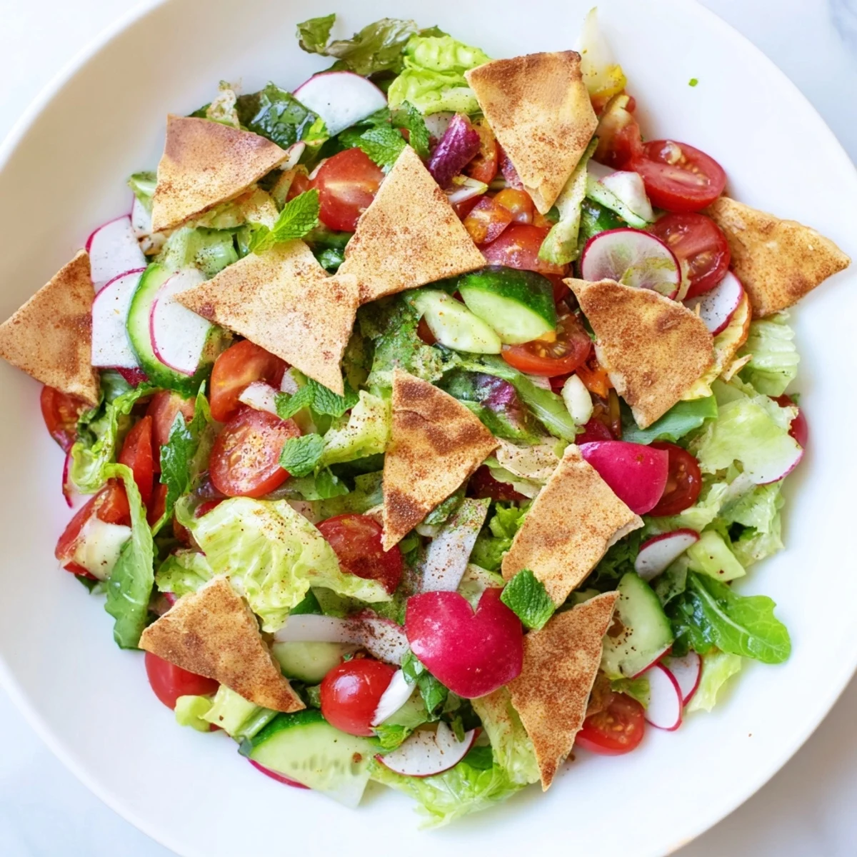 Vibrant photo of Fattoush Crunch Salad: fresh, colorful vegetables and crunchy pita chips.
