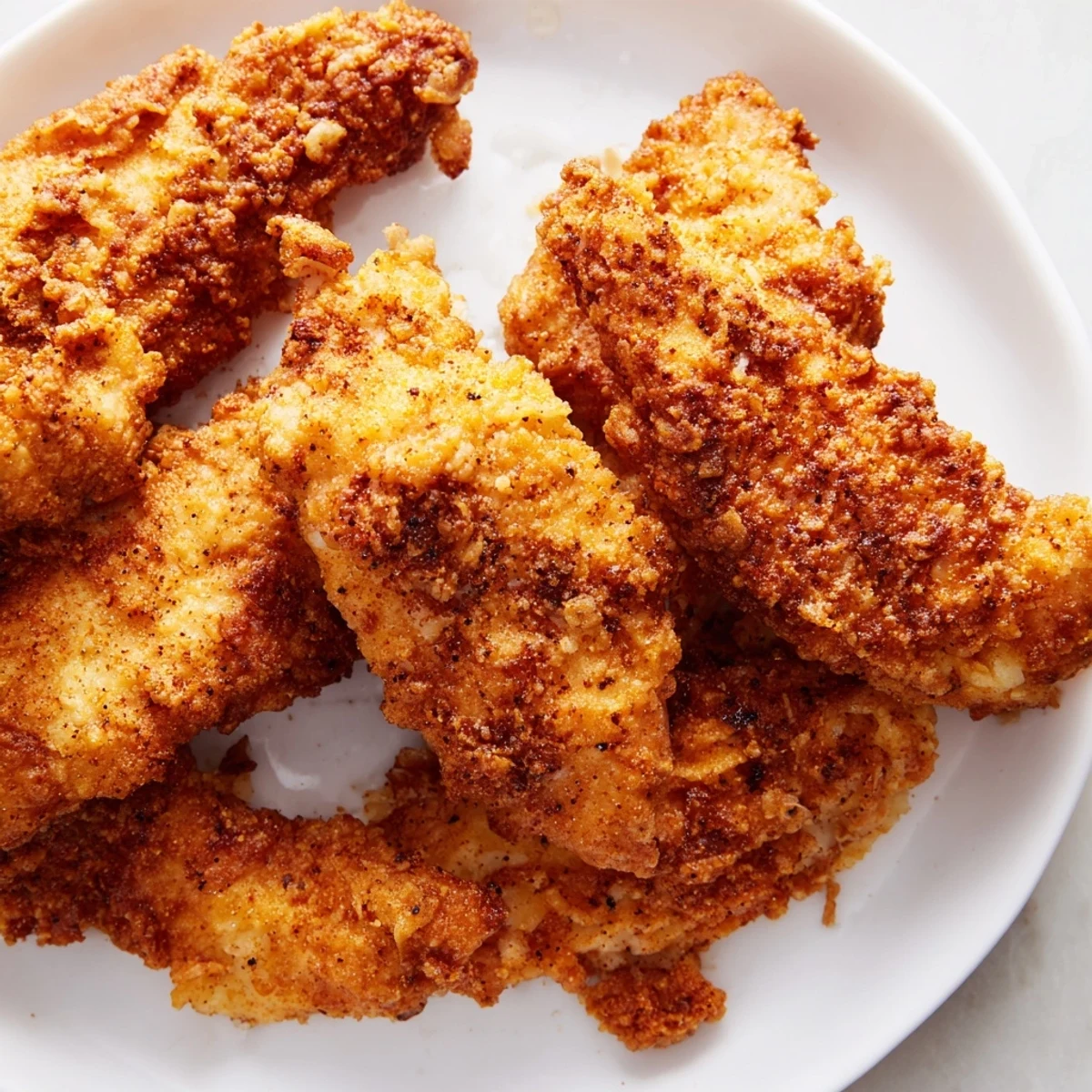 Crispy fried chicken tenders glistening with golden breading, served on a rustic plate with fresh parsley.