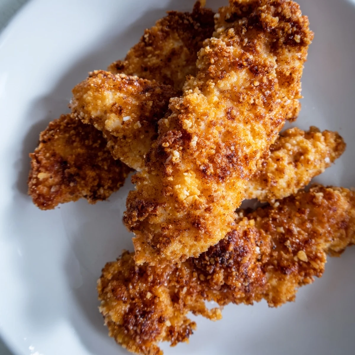 Freshly fried chicken tenders arranged on parchment paper, showcasing the juicy interior and crunchy exterior texture.