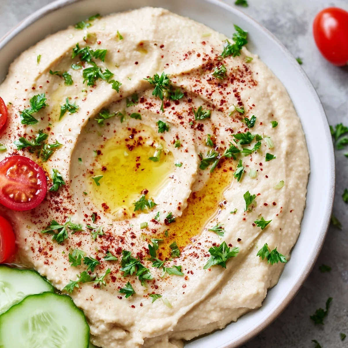 Creamy hummus, vibrant vegetables, and feta on a Middle Eastern Mezze Platter with warm pita triangles for dipping.  