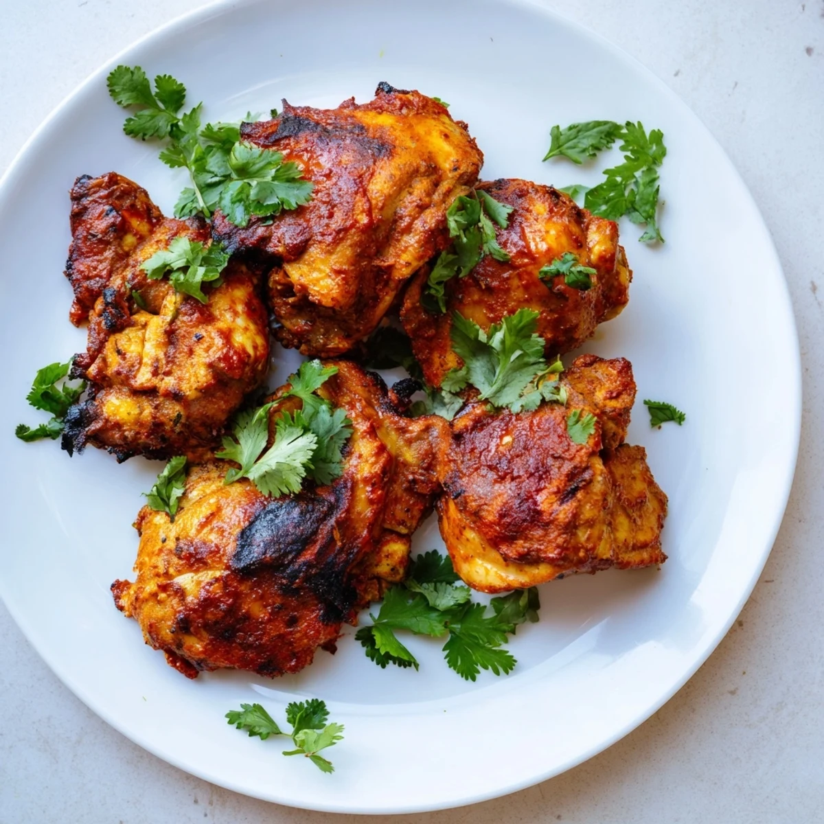 A close-up of tender Indian Tikka Spiced Chicken thighs with a vibrant red-orange crust, served alongside fluffy basmati rice and sliced red onions.