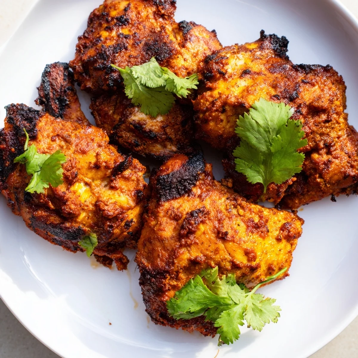 Juicy pieces of Indian Tikka Spiced Chicken roasted to a golden crisp, garnished with fresh cilantro and lemon wedges on a rustic platter.