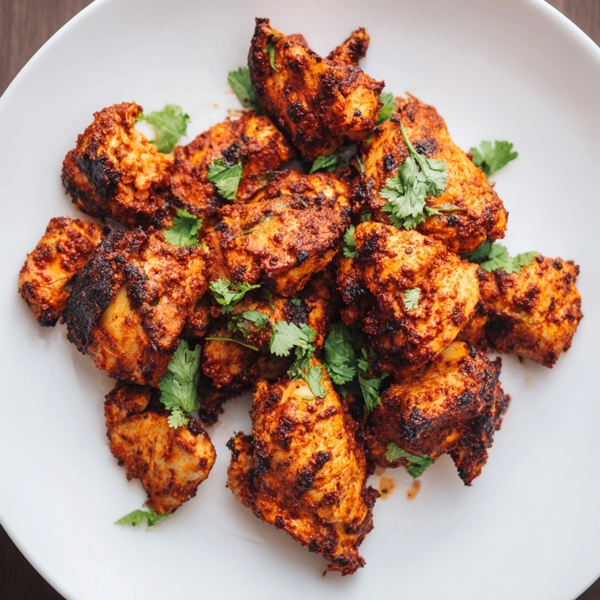 Freshly roasted Indian Tikka Spiced Chicken chunks arranged on a wire rack, highlighting the charred edges and aromatic spices for a gluten-free dinner.