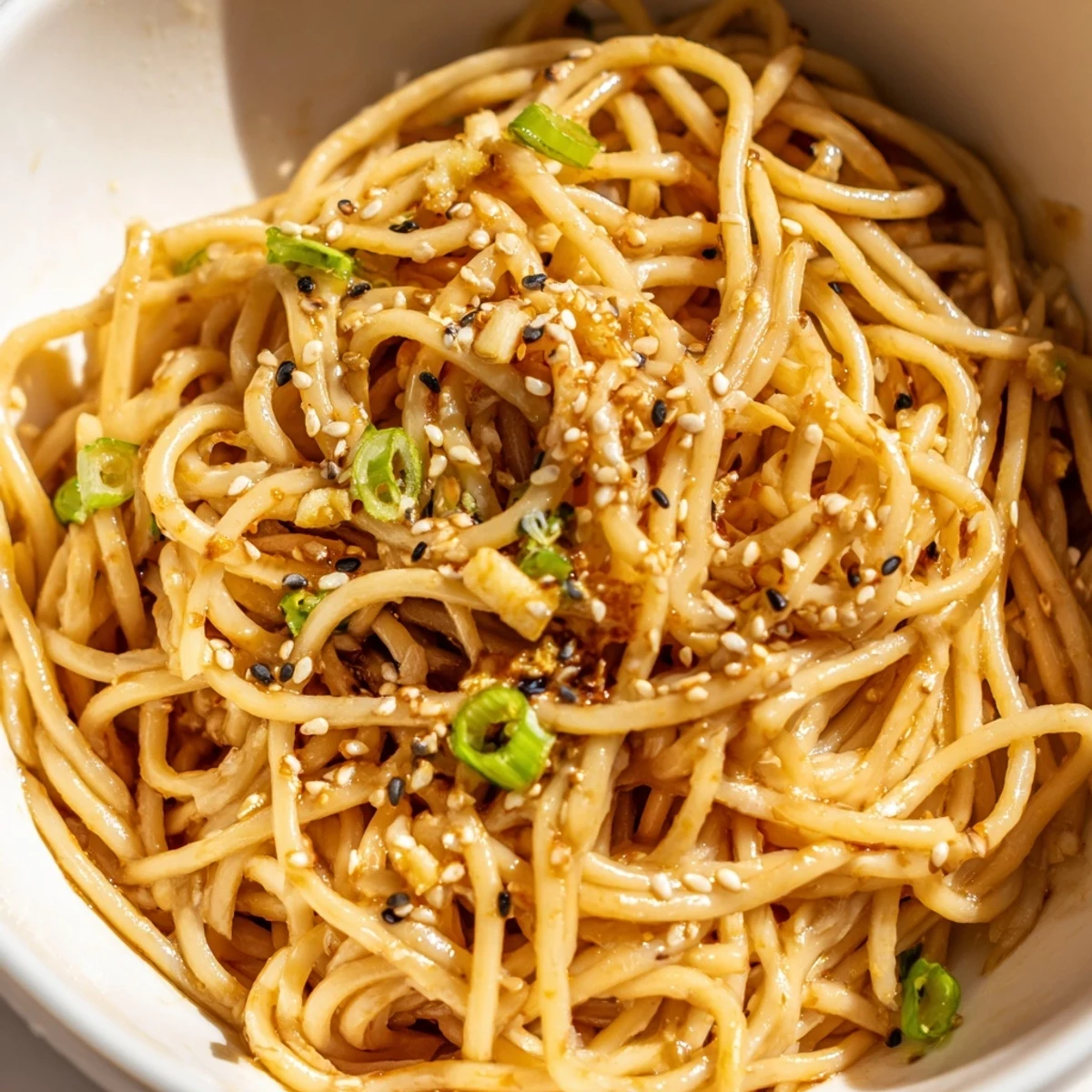 A close-up of glossy Asian Garlic Noodle Bowl tossed in garlic butter sauce, served with julienned carrots.