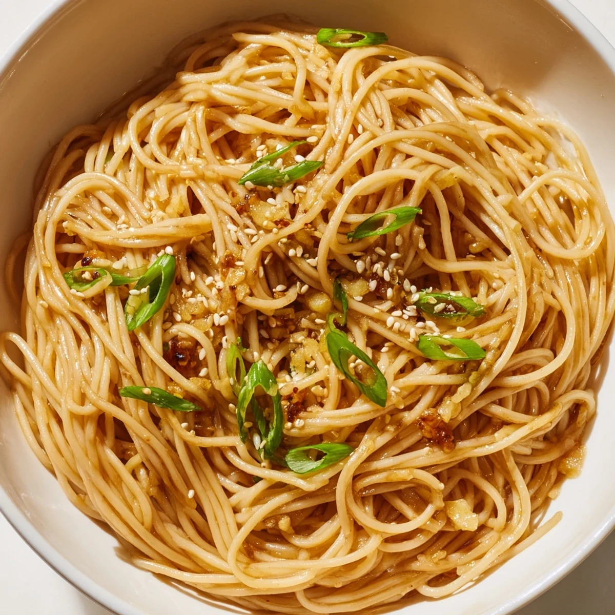 Steaming bowls of Asian Garlic Noodle Bowl garnished with green onions, sesame seeds, and chili slices.