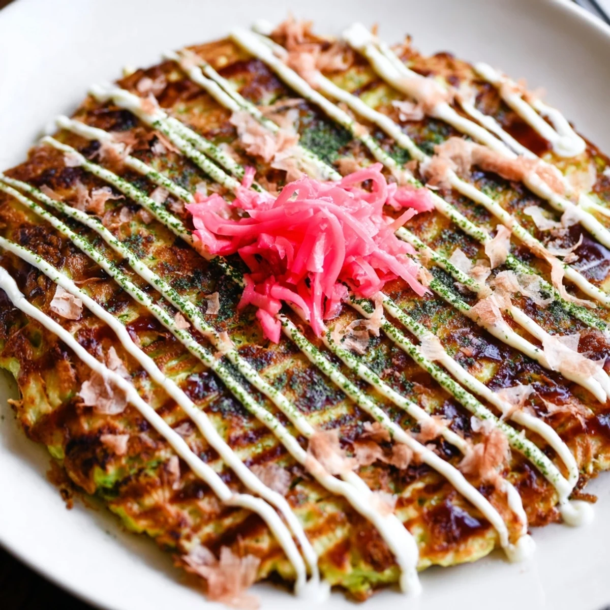 A close-up of Japanese Okonomiyaki Pancakes, showcasing the fluffy cabbage-filled base topped with tangy sauce, creamy mayo, and dancing bonito flakes.  