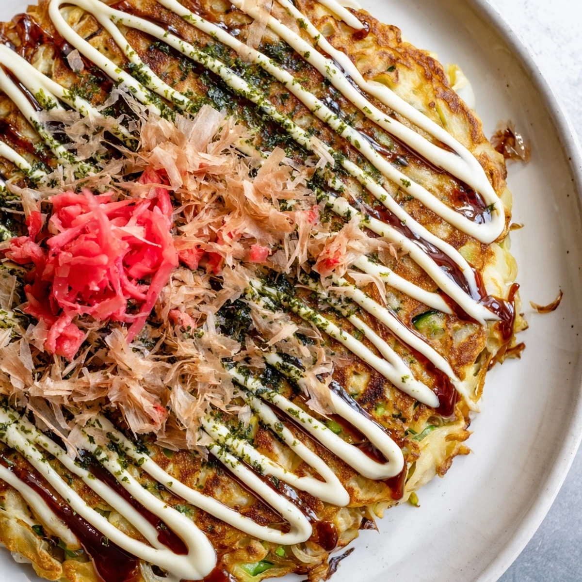 A rustic wooden board holding Japanese Okonomiyaki Pancakes drizzled with mayonnaise and sauce, ready to be served for dinner.