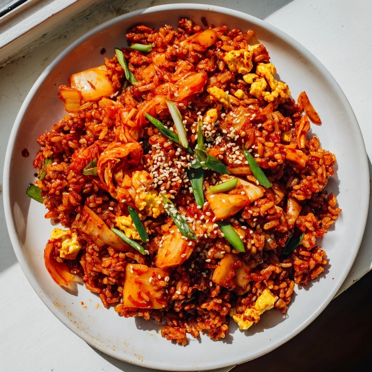 Sizzling Spicy Kimchi Fried Rice sizzles in a hot wok, gochujang-coated rice with caramelized kimchi, topped with a runny fried egg and sliced green onions.