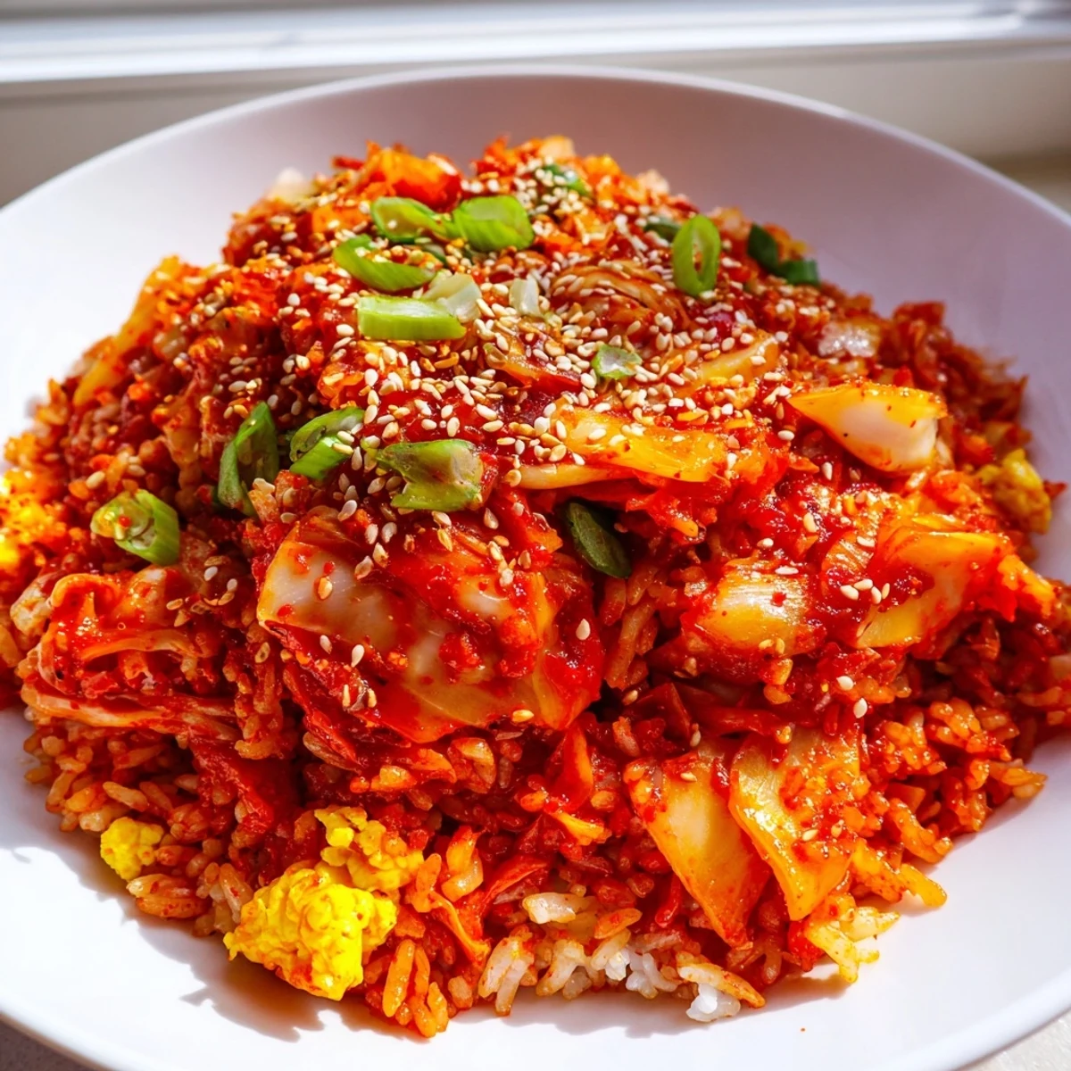 Steamy bowl of Spicy Kimchi Fried Rice with chopped kimchi and fluffy rice, garnished with sesame seeds and roasted seaweed strips for a savory Korean-style dinner.