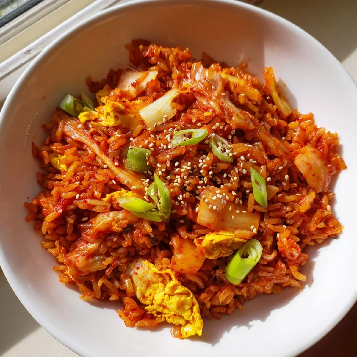 Golden-brown Spicy Kimchi Fried Rice studded with tender vegetables and kimchi, drizzled with sesame oil and served next to a chilled Korean lager on a cozy table.