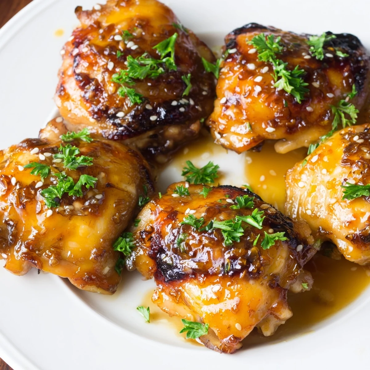 Glossy honey garlic glazed chicken thighs, caramelized to perfection and served alongside steamed white rice for a comforting meal.
