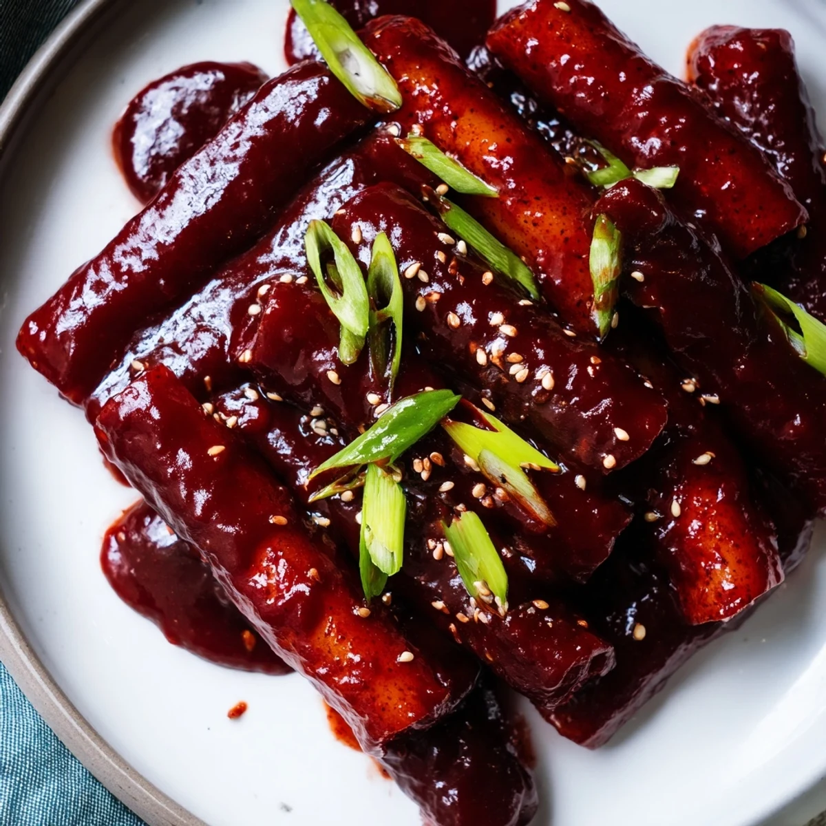 Steaming Korean Tteokbokki features chewy rice cakes coated in a vibrant red, glossy gochujang sauce, garnished with fresh green onions.