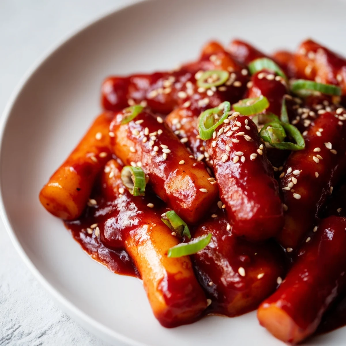A close-up of Korean Tteokbokki showcases tender rice cakes and sliced onions simmering in a thick, spicy-sweet sauce, ready to serve.