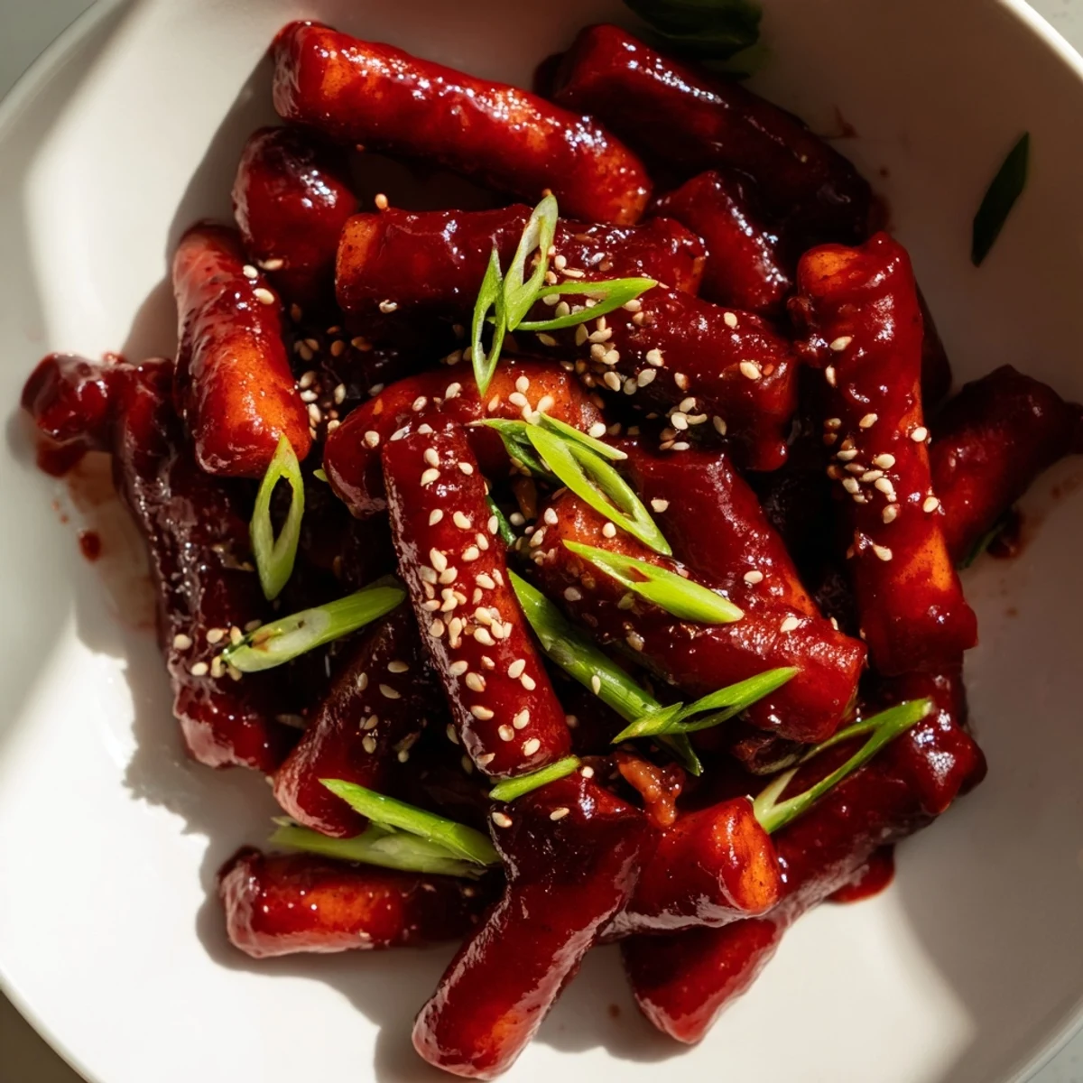 Hearty Korean Tteokbokki is served hot, garnished with sesame seeds and green onions, perfect for a comforting vegetarian main dish.