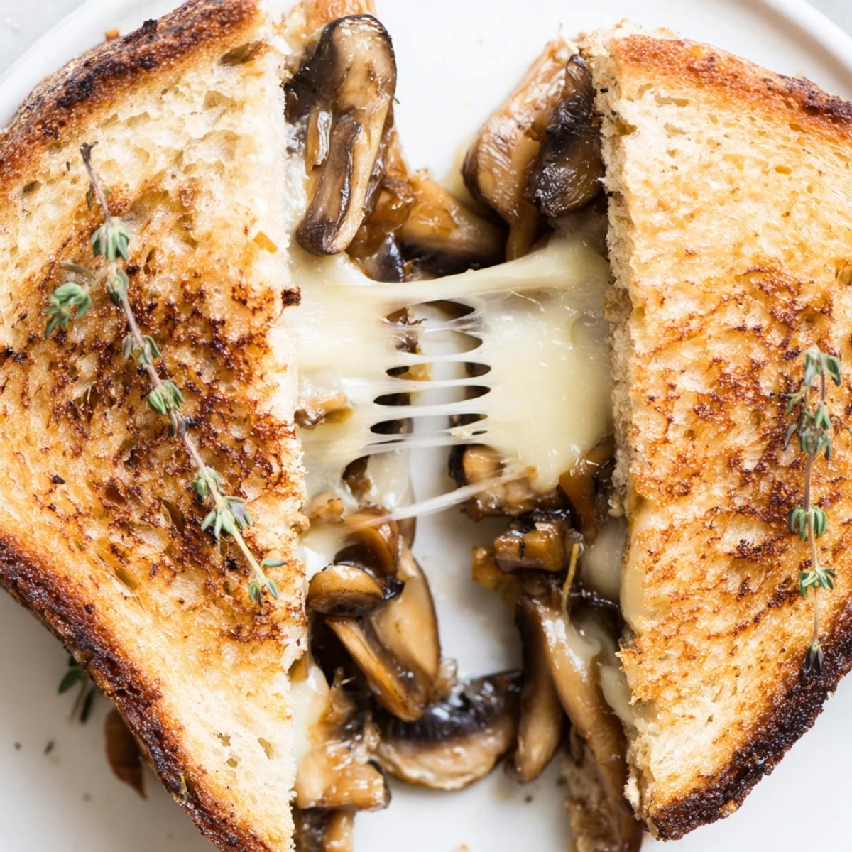 Golden sautéed mushrooms and melted Swiss cheese fill crispy rye bread slices in this Mushroom Swiss Grilled Cheese.