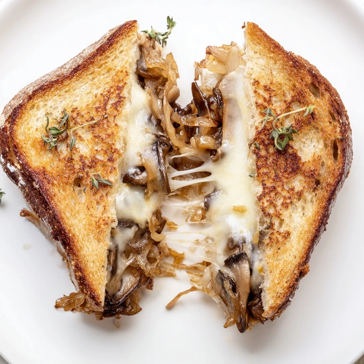 A close-up view of a Mushroom Swiss Grilled Cheese cut in half, revealing gooey, melted Swiss cheese and savory sautéed mushrooms between crispy rye bread.