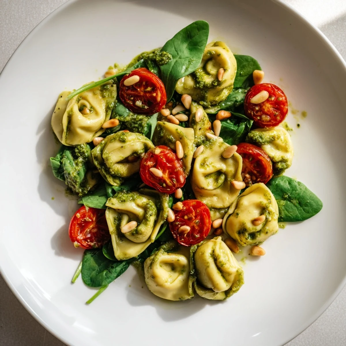 A close-up of vibrant Pesto Tortellini Salad with juicy cherry tomatoes, fresh spinach, and toasted pine nuts on a rustic serving platter.  