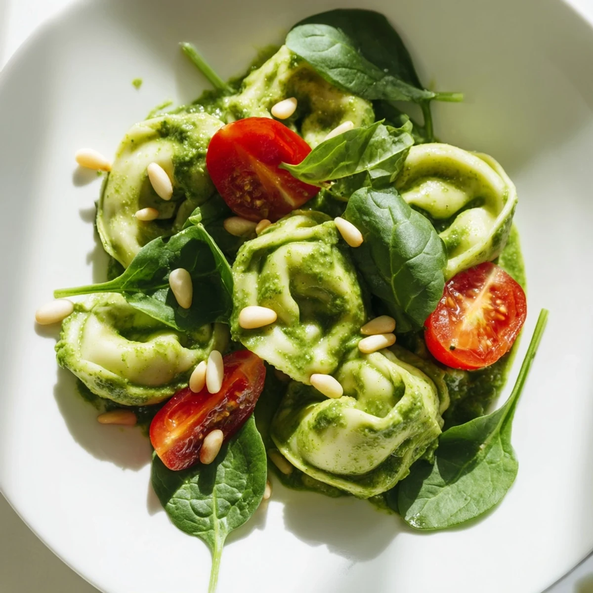 Sunlit bowl of chilled Pesto Tortellini Salad, showcasing glossy basil pesto-coated pasta and bright red tomato halves for a summer potluck.  