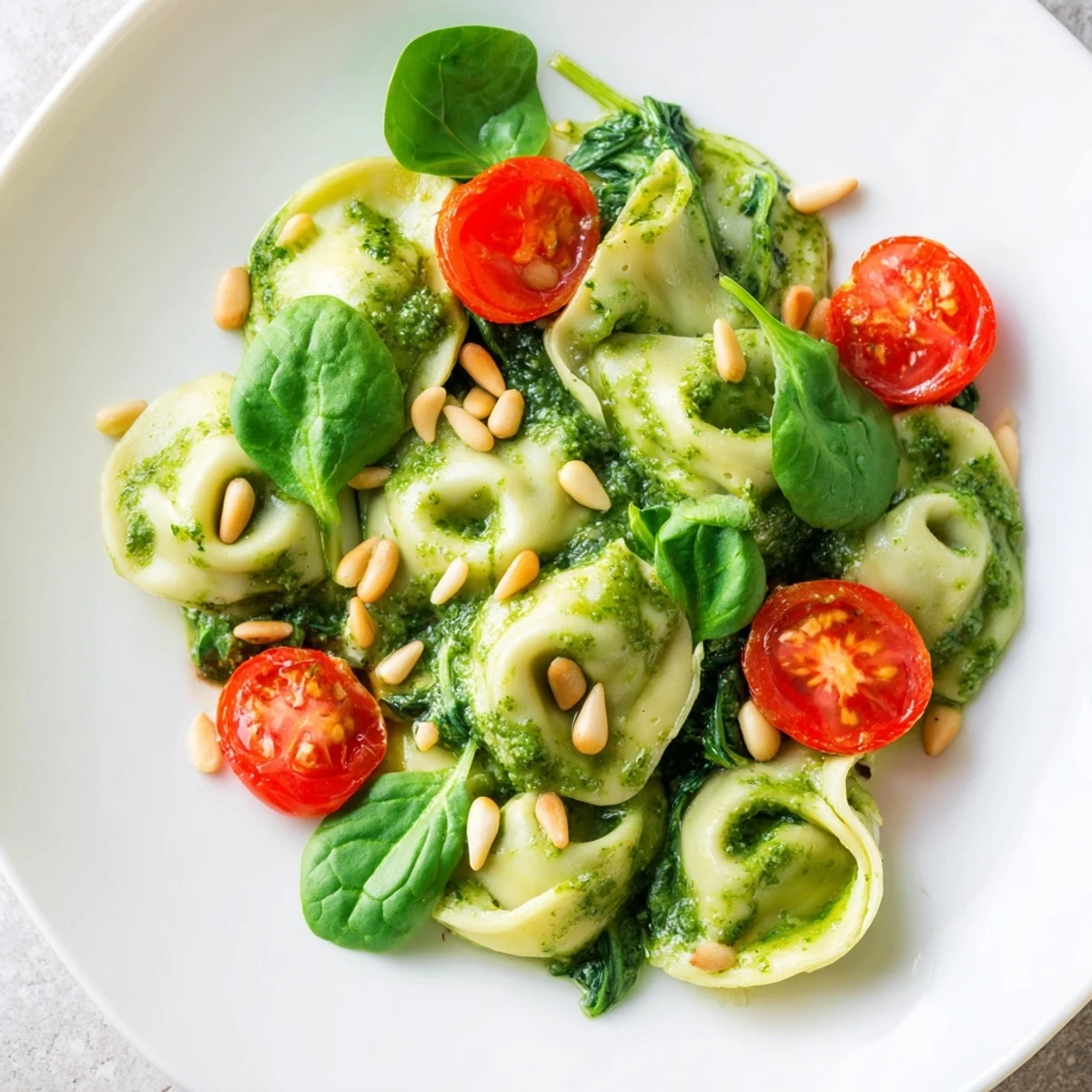 Overhead view of Pesto Tortellini Salad with cheese tortellini, baby spinach, and Parmesan garnish, ready for a refreshing vegetarian picnic.