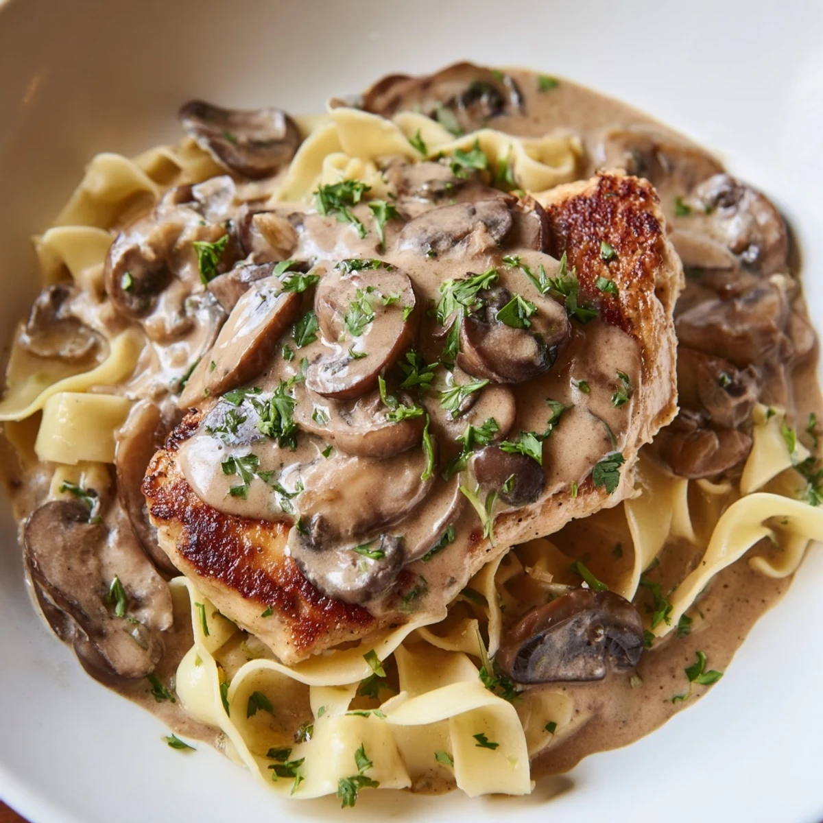 Al dente pasta nests under tender chicken, smothered in a velvety mushroom cream sauce for a hearty meal.