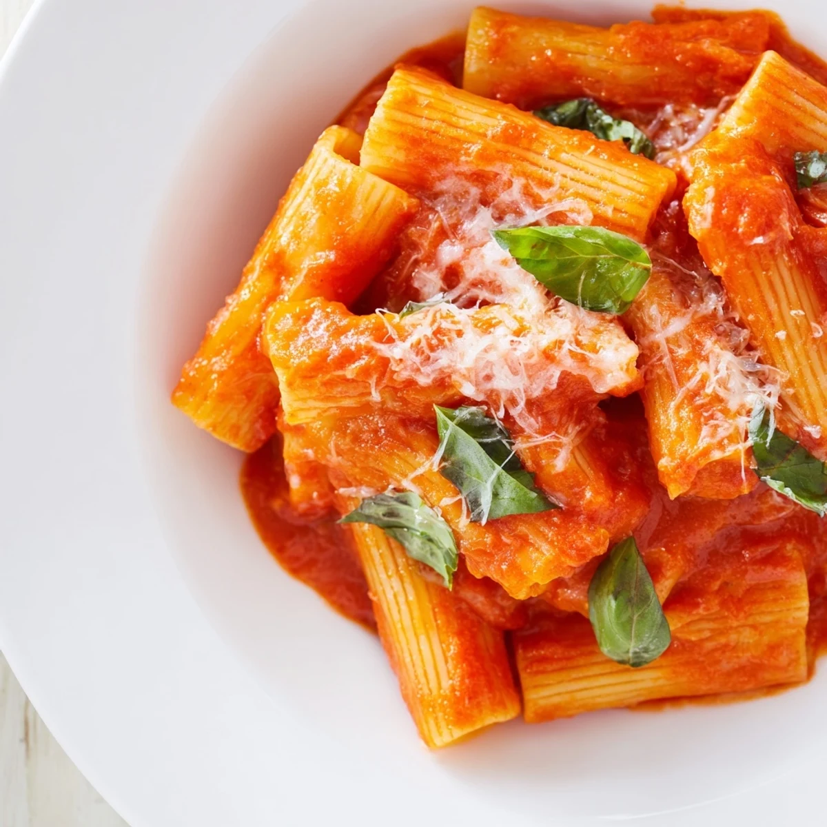 A close-up of Spicy Rigatoni Pasta coated in a creamy, rich tomato sauce, garnished with fresh basil and grated Parmesan.