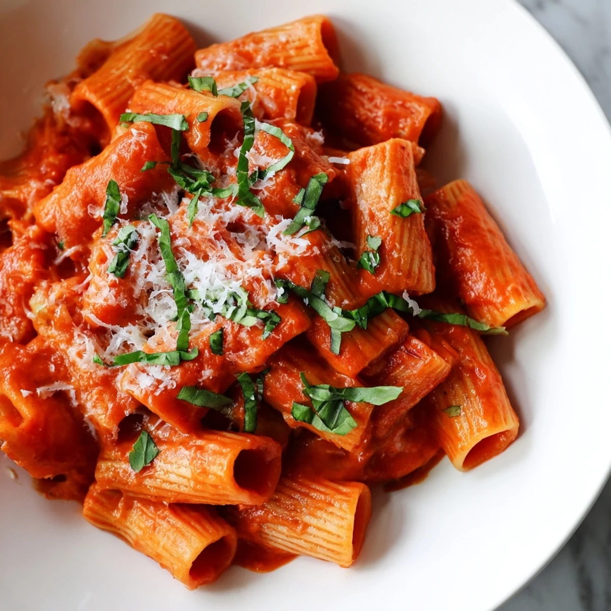 Twirls of al dente Spicy Rigatoni Pasta in a vibrant red, creamy sauce, served hot in a shallow ceramic bowl.