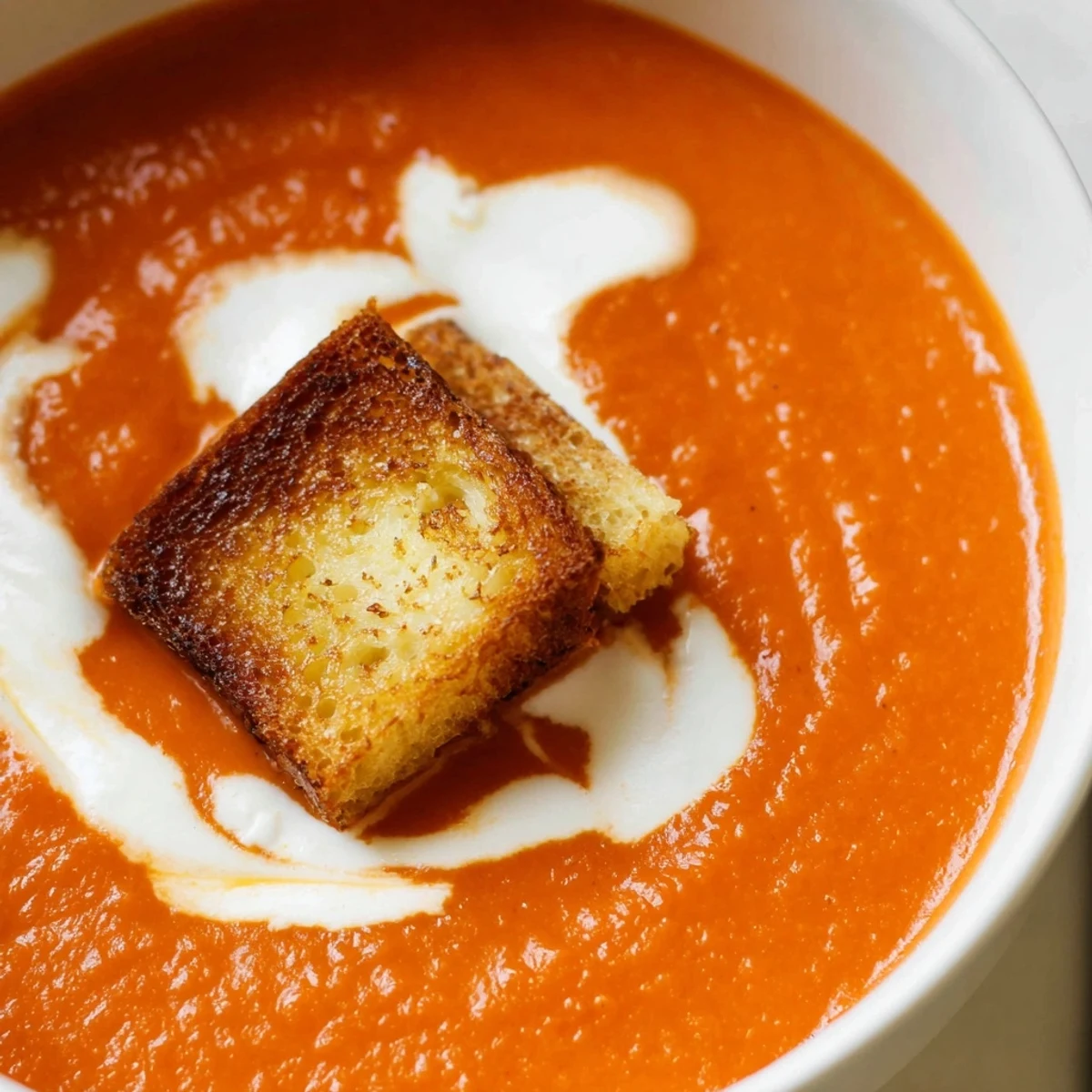Savory roasted tomato soup served with crispy grilled cheese croutons for a cozy meal.