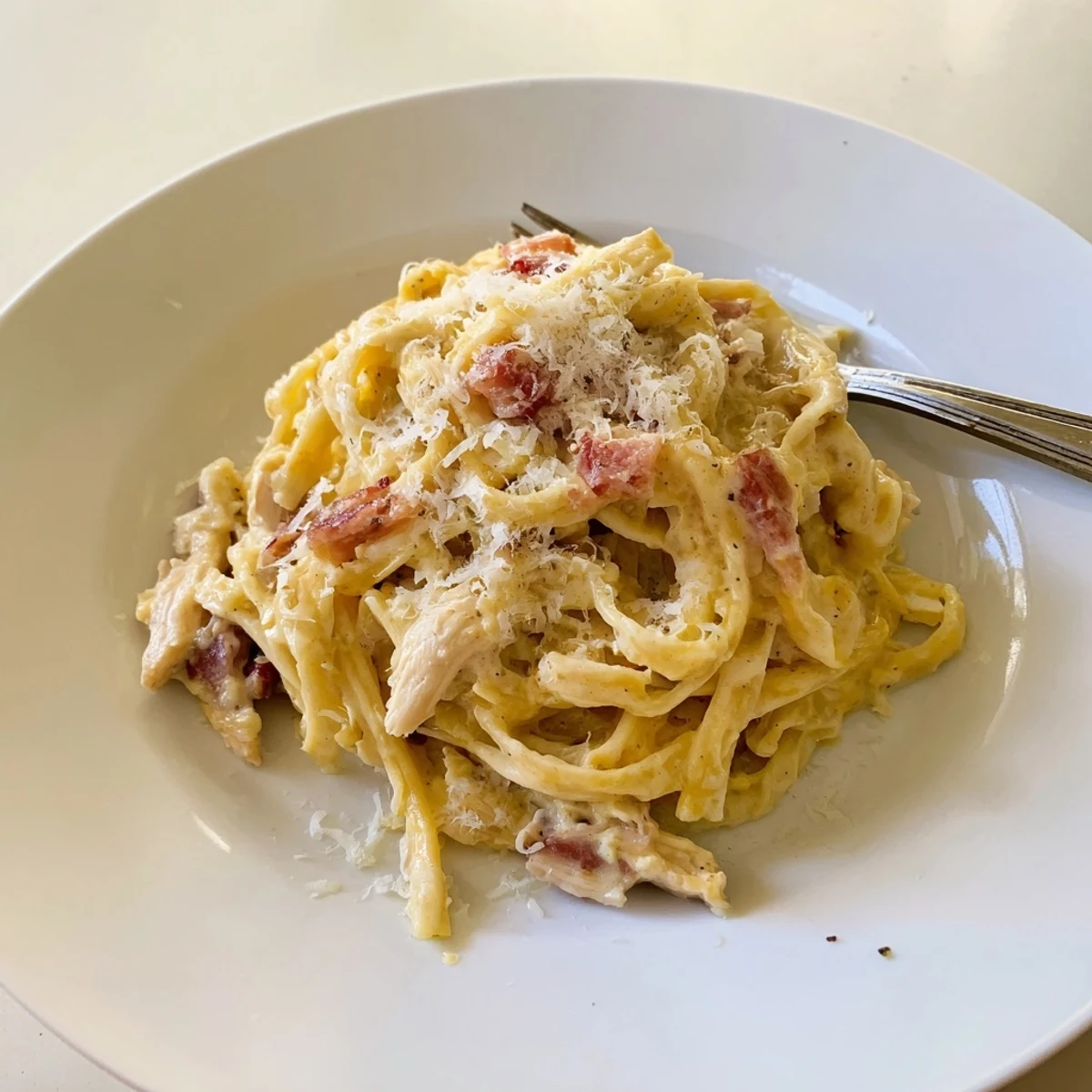 Steaming Chicken Carbonara pasta in a skillet, with crispy bacon bits and shredded chicken coated in a rich, glossy egg sauce.