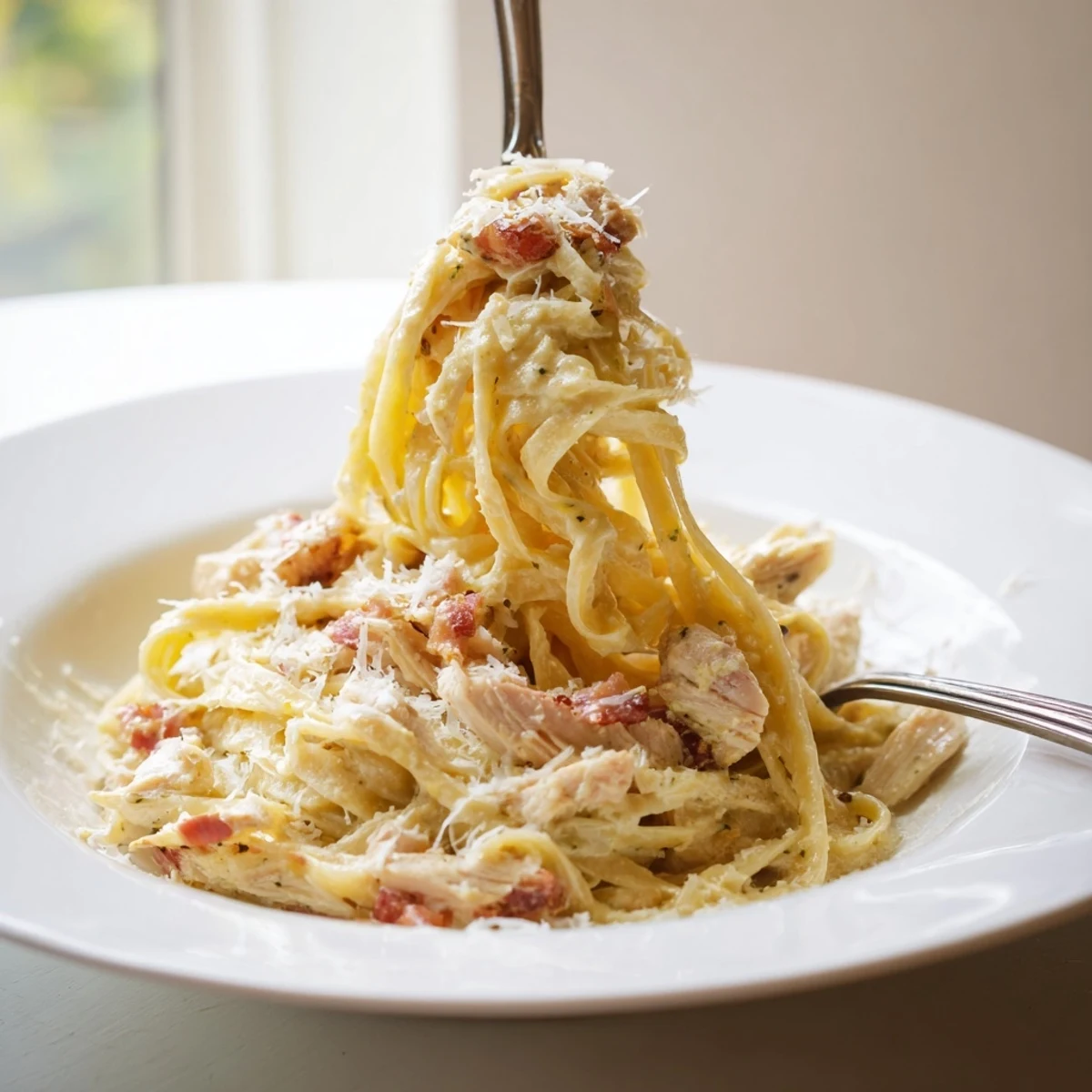 Close-up of Chicken Carbonara showing creamy sauce clinging to spaghetti, with golden chicken pieces and crunchy bacon in a rustic kitchen setting.