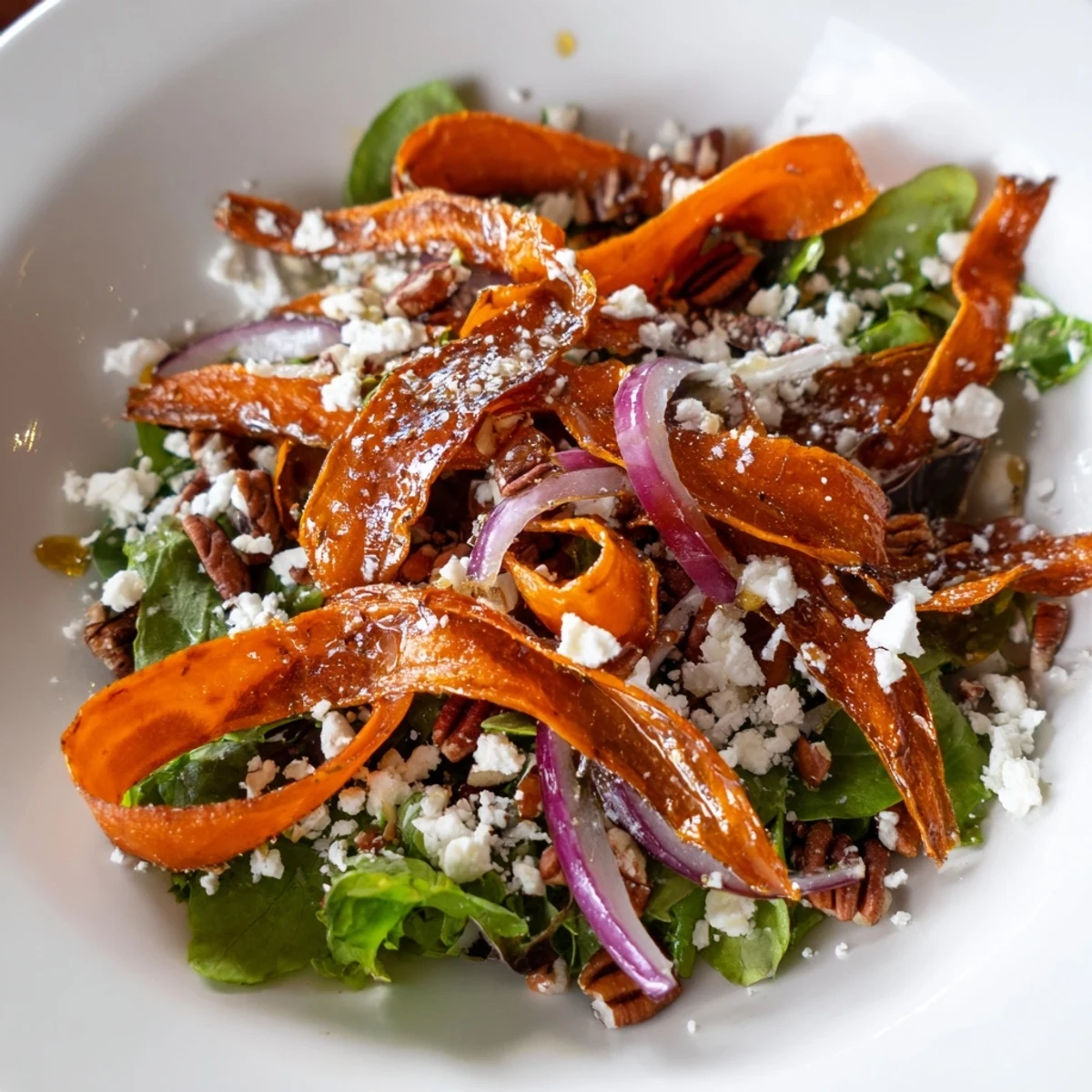 Roasted Carrot Ribbon Salad with tender, caramelized carrot ribbons over mixed greens, finished with honey-mustard vinaigrette.
