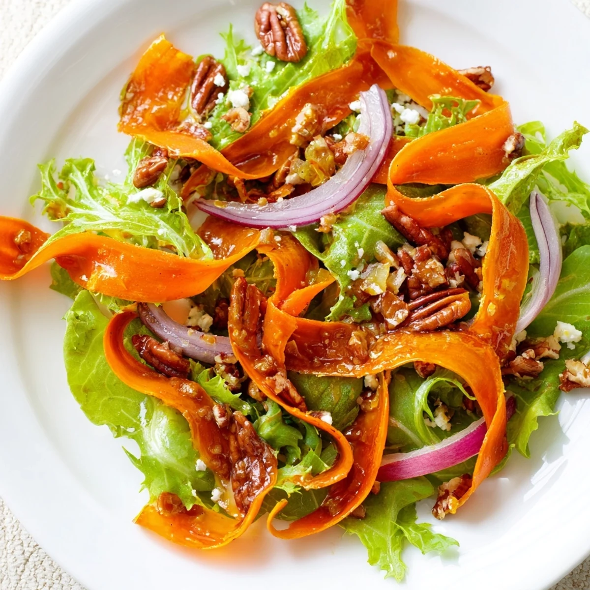 Serve Roasted Carrot Ribbon Salad as a vibrant side with grilled chicken, highlighting its sweet-tangy honey-mustard dressing.