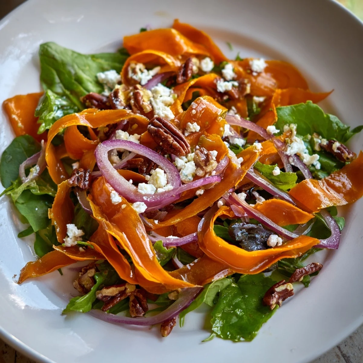 A close-up of Roasted Carrot Ribbon Salad, showing glossy carrot ribbons on fresh greens with feta and nuts.
