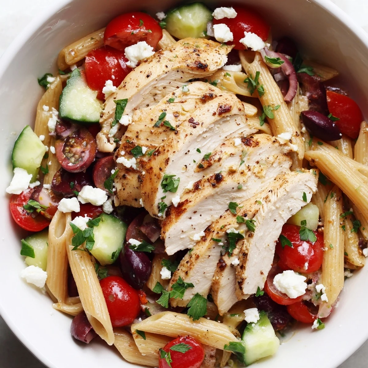 Freshly grilled lemon-oregano chicken slices rest atop Greek Chicken Pasta Bowl with feta, cucumbers, and cherry tomatoes.