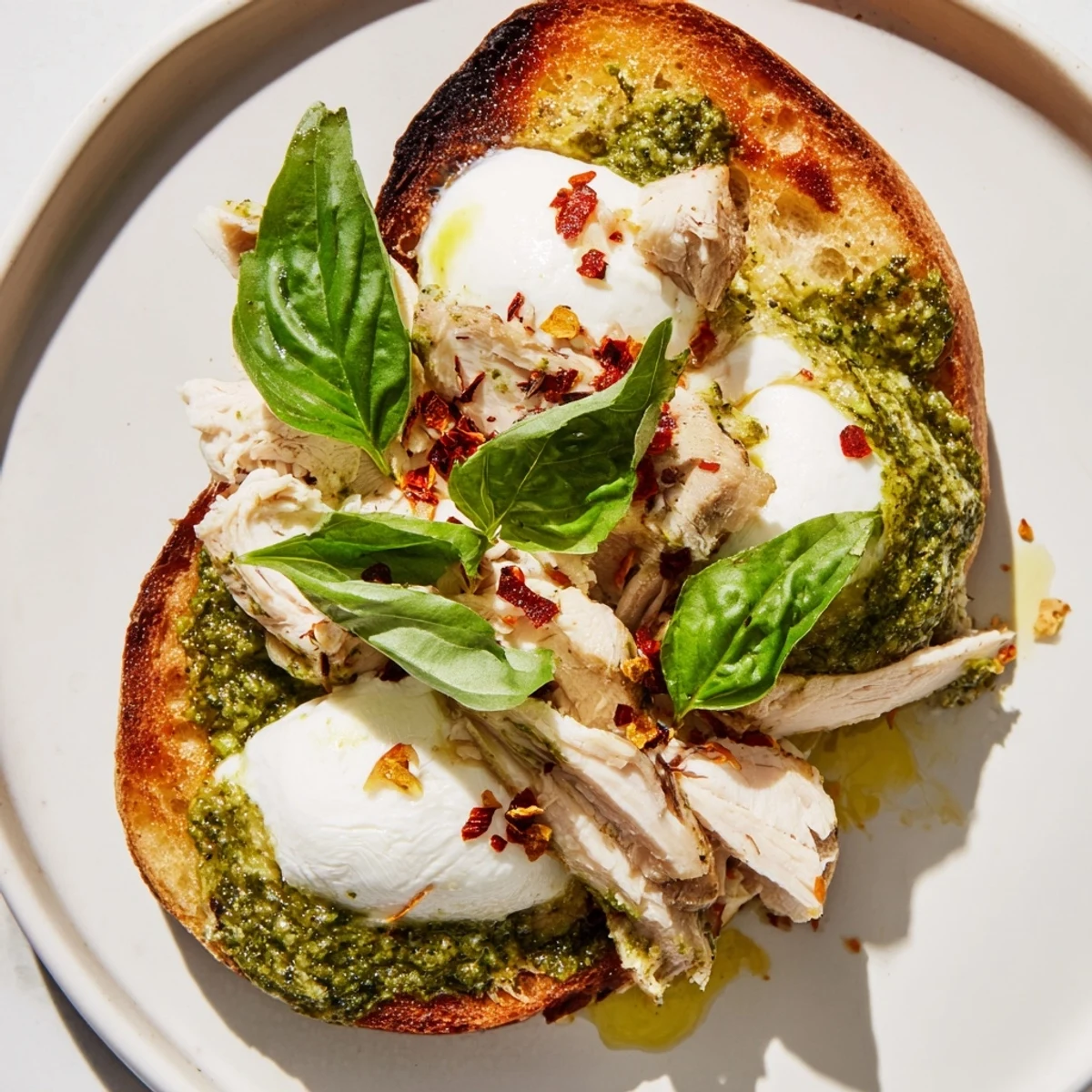 A close-up of golden sourdough toast topped with tender sliced chicken, vibrant basil pesto, and creamy burrata cheese.