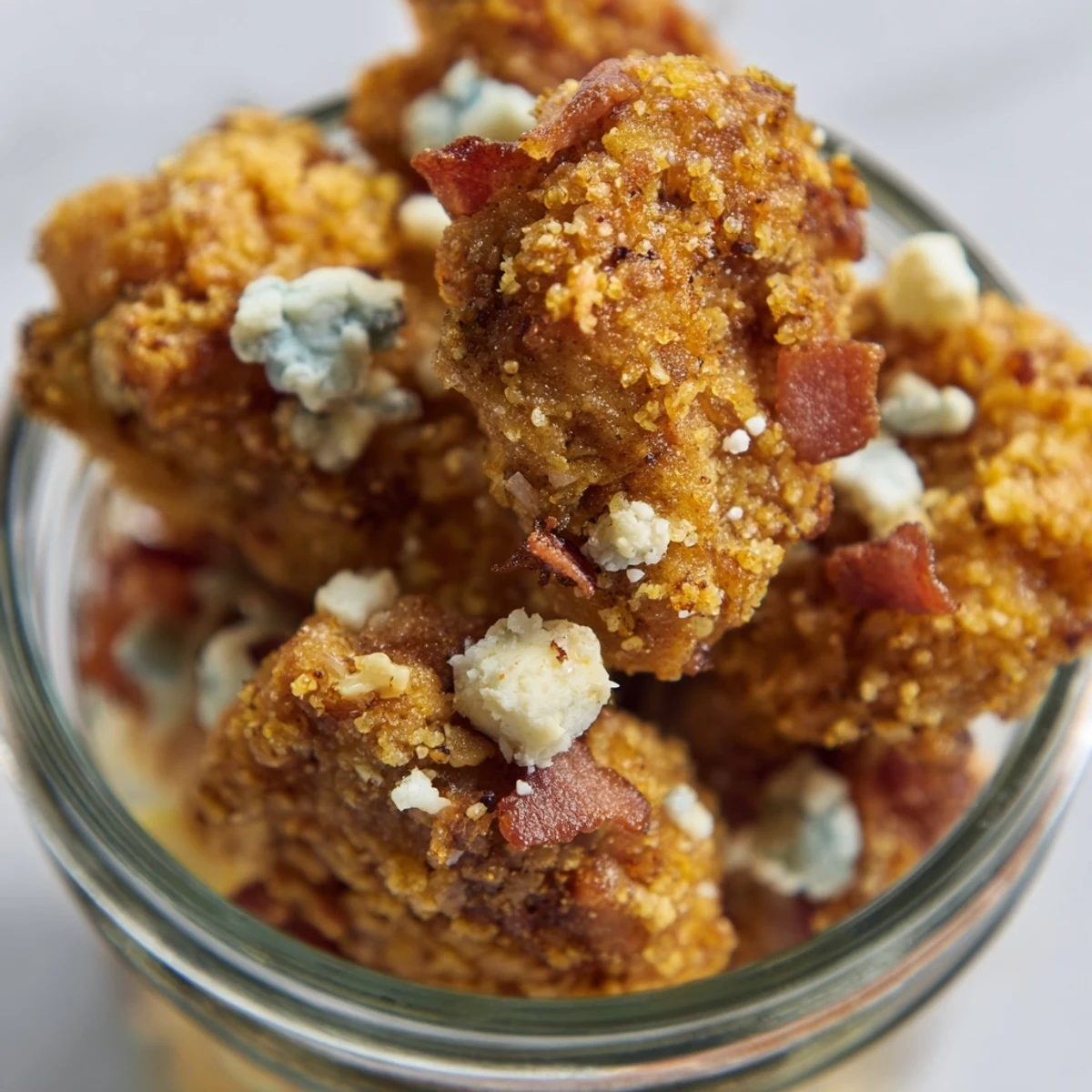 Crispy Chicken Cobb Jar Salad layered with smoky bacon, tangy blue cheese, and fresh romaine in a mason jar.  