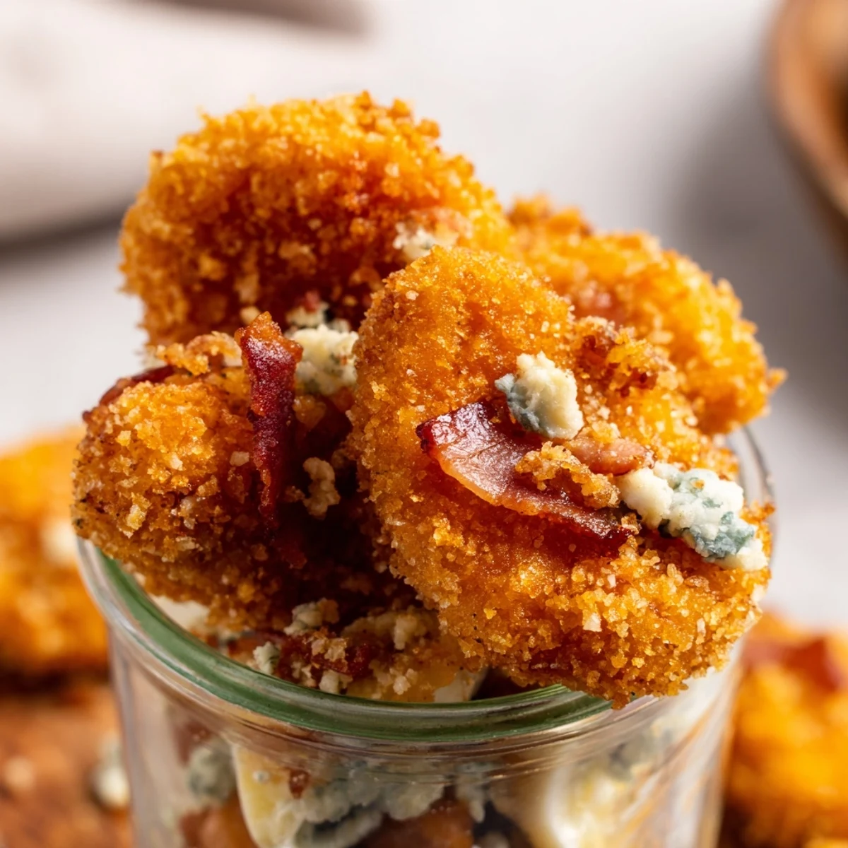 This Crispy Chicken Cobb Jar Salad features golden chicken bites and hard-boiled egg for a hearty, grab-and-go lunch.  