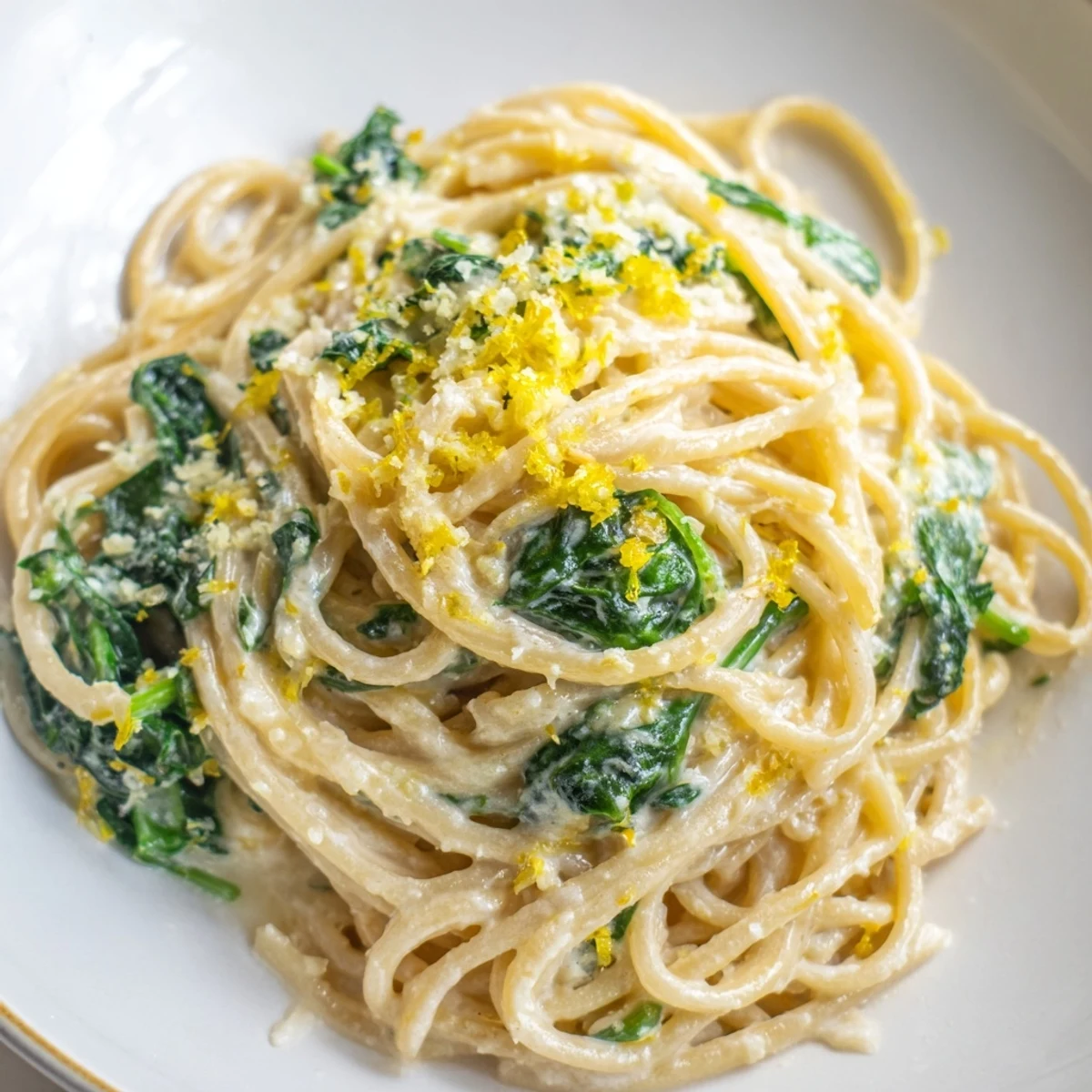 Creamy Lemon Spinach Spaghetti served in a white bowl, highlighting the vibrant green spinach and a bright lemon garnish, ready for dinner.