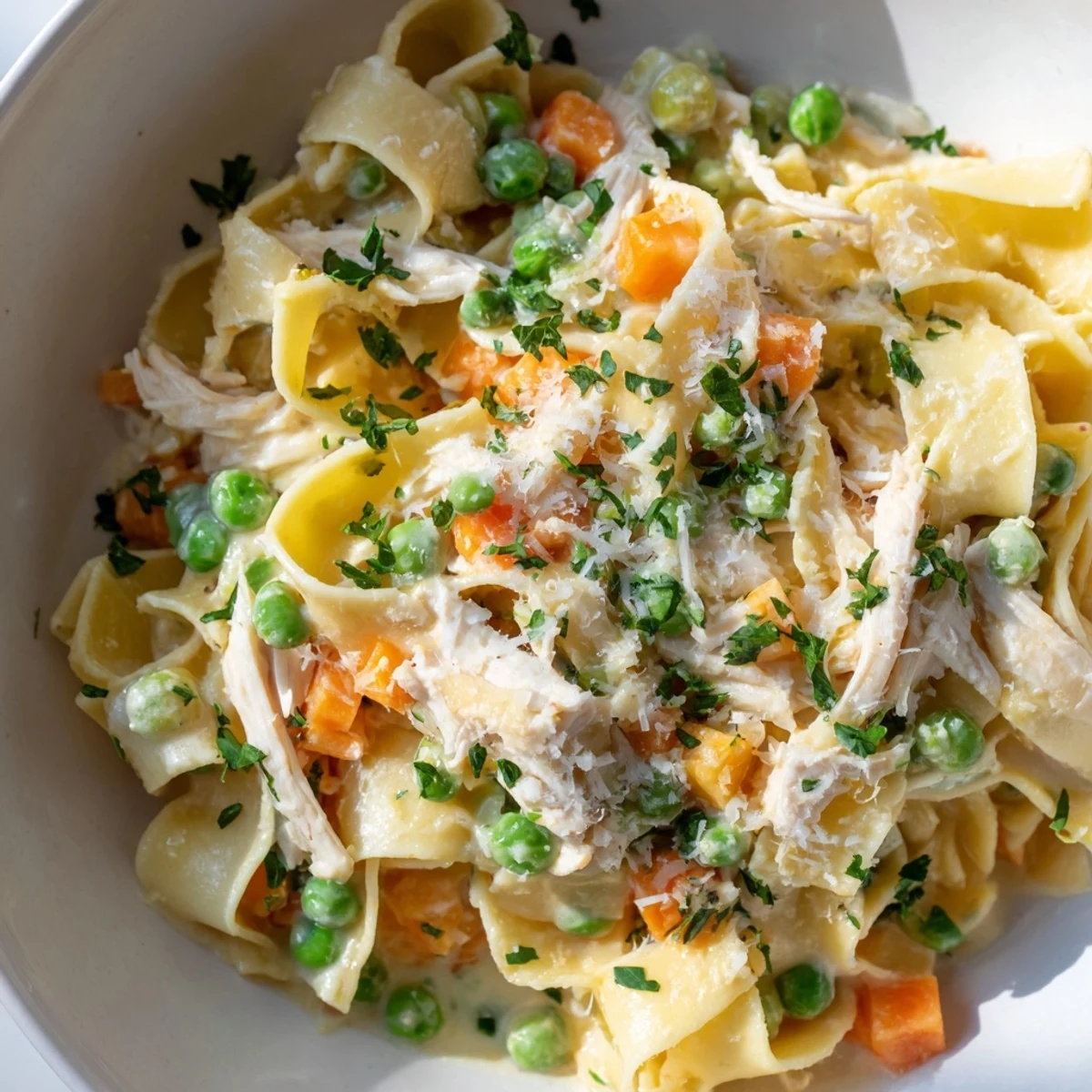 Spring Chicken Noodle Skillet with creamy sauce, tender chicken, bright peas, and carrots served in a rustic white bowl.
