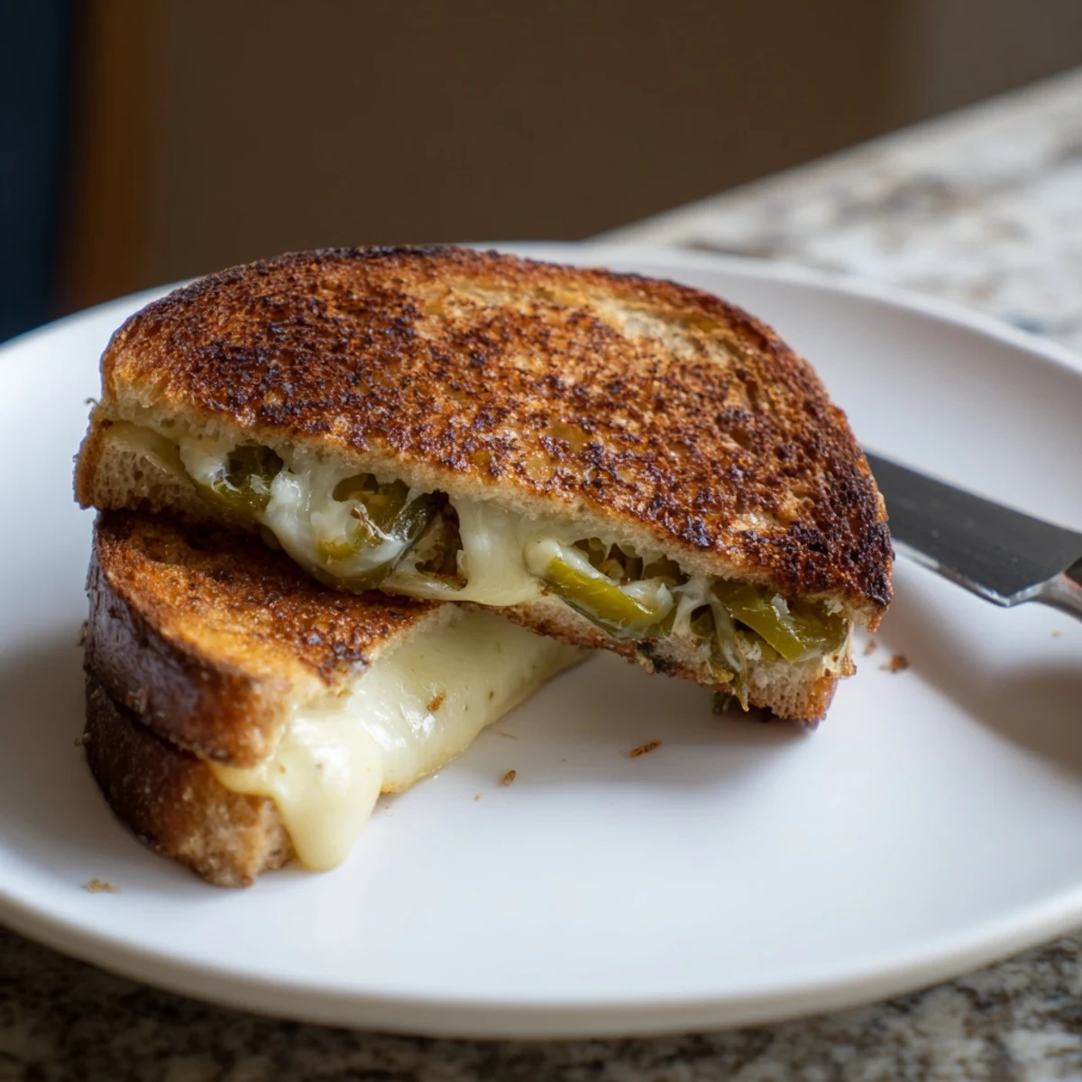 Two halves of Jalapeño Havarti Grilled Cheese stacked high, showcasing gooey Havarti and fresh jalapeño strips.