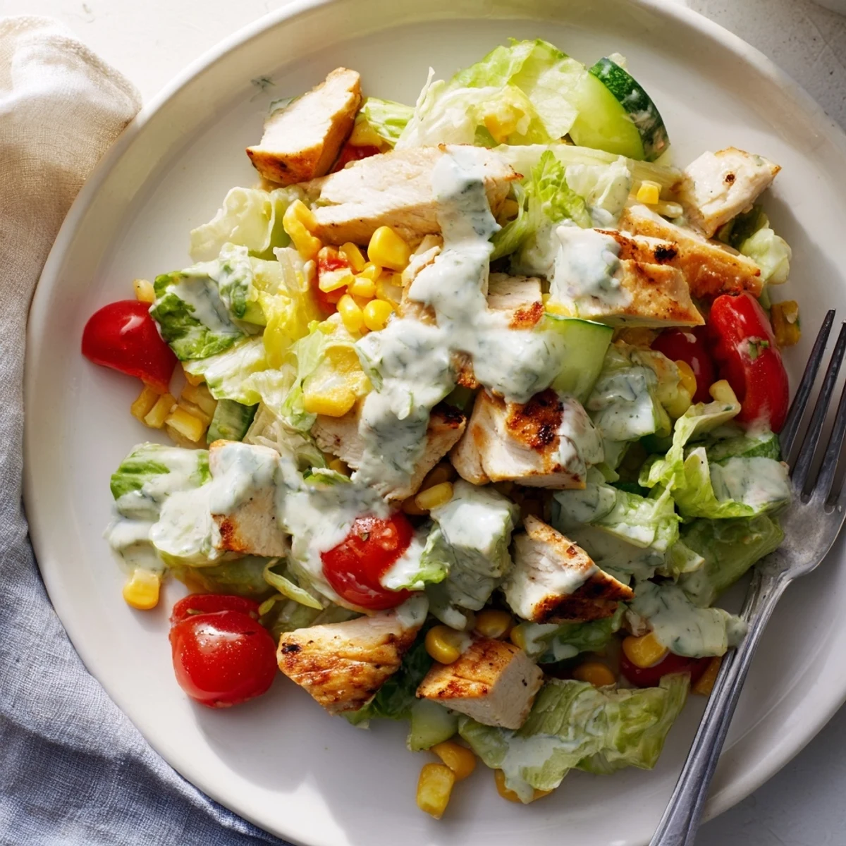 Freshly chopped romaine and tender grilled chicken mingle with sweet corn and sharp cheddar in this vibrant Ranch Chicken Chopped Salad.