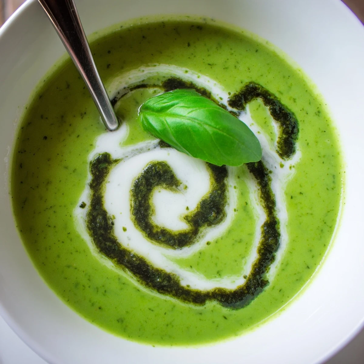 Smooth and creamy Courgette, Pea and Pesto Soup garnished with pesto swirls, perfect for a light spring lunch.